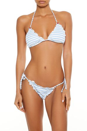 BLUE WATER/WHITE Striped Seersucker Lettuce-Edge Bikini Bottoms, image 3