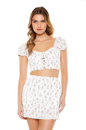 WHITE/MULTI Floral Print Puff-Sleeve Crop Top, image 1
