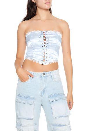 BLUE Satin Floral Lace-Up Tube Top, image 1