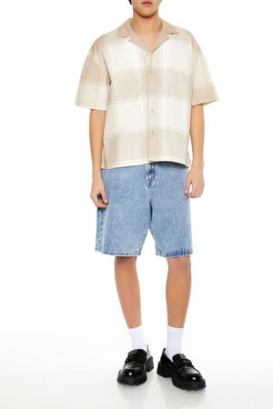 TAUPE/CREAM Plaid Drop-Sleeve Cropped Shirt, image 2