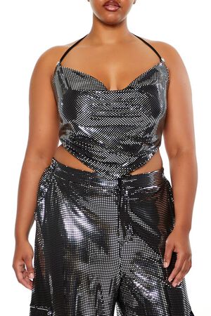 BLACK/SILVER Plus Size Shimmer Cropped V-Hem Halter Top, image 1