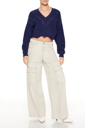DARK BLUE Open-Knit Cropped Sweater, image 2