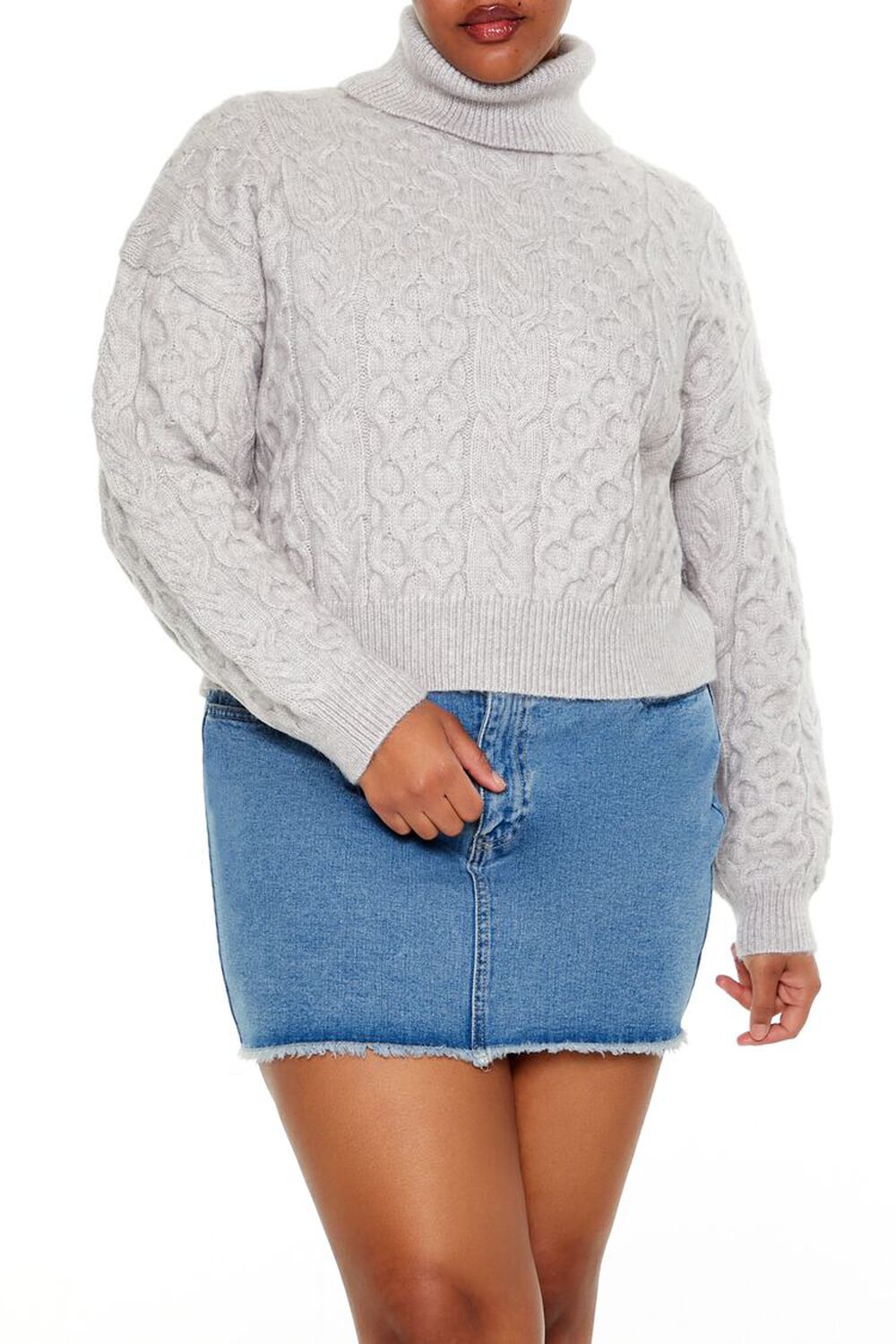 LIGHT GREY Plus Size Cable Knit Turtleneck Sweater, image 1