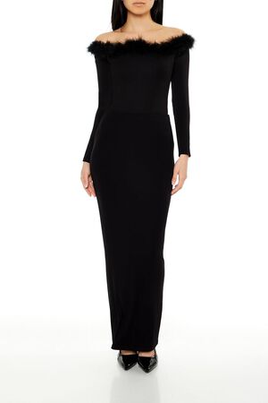 BLACK Faux Feather-Trim Off-the-Shoulder Bodysuit, image 1