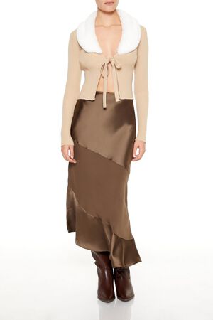 TAN/WHITE Faux Fur-Trim Cardigan Sweater, image 2