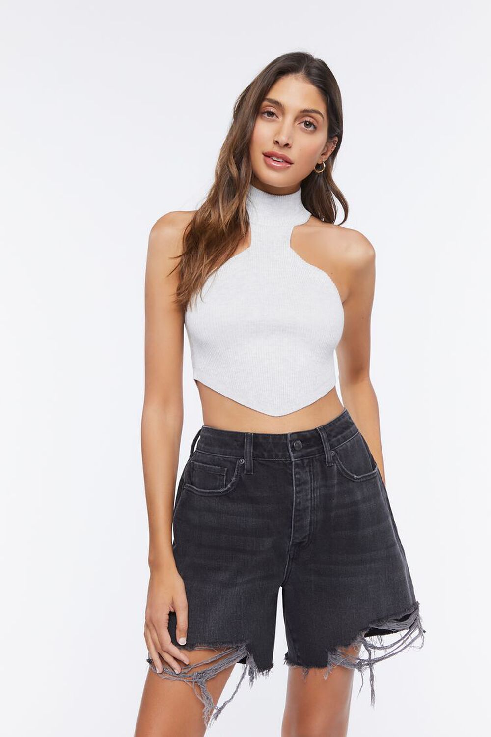GREY Sweater-Knit Mock Neck Crop Top, image 1
