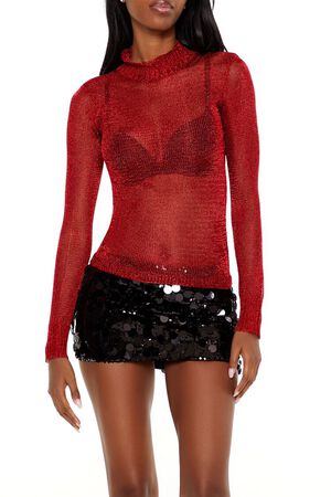 DARK RED Sheer Glitter Turtleneck Sweater, image 1