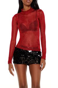 DARK RED Sheer Glitter Turtleneck Sweater, image 1