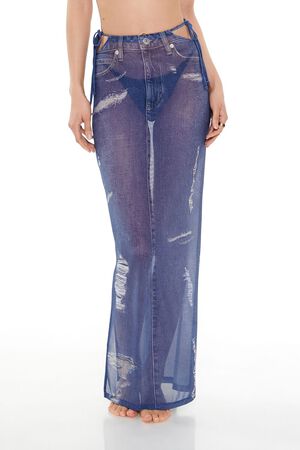 BLUE/CREAM Printed Denim Cutout Maxi Swim Cover-Up Skirt, image 2