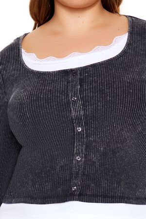BROWN/WHITE Plus Size Ribbed Henley Top, image 3