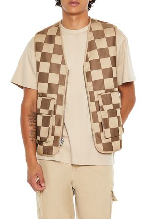 TAUPE/MULTI Checkered Cargo Vest, image 1