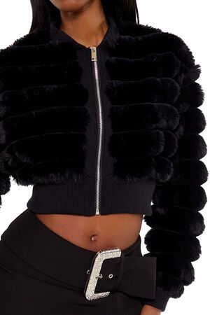 IVORY Faux Fur Cropped Bomber Jacket, image 3