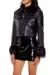 BLACK/BLACK Faux Fur & Leather Trucker Jacket, image 4