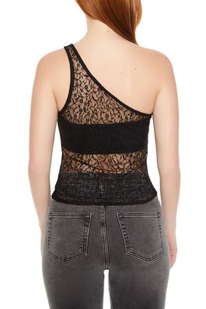 BLACK Sheer Lace One-Shoulder Top, image 3