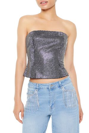 BLACK/SILVER Cropped Rhinestone Tube Top, image 1