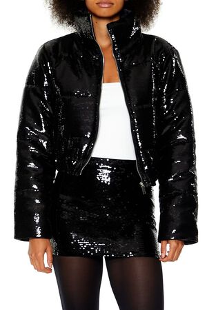 BLACK Sequin Zip-Up Puffer Jacket, image 1