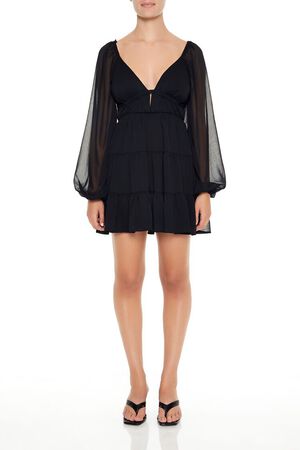BLACK Plunging Tiered Babydoll Dress, image 1