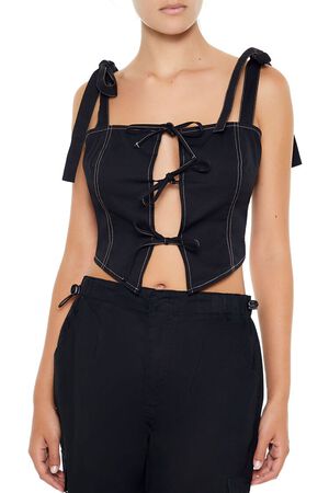 BLACK Cropped Cutout Bow Bustier Top, image 1