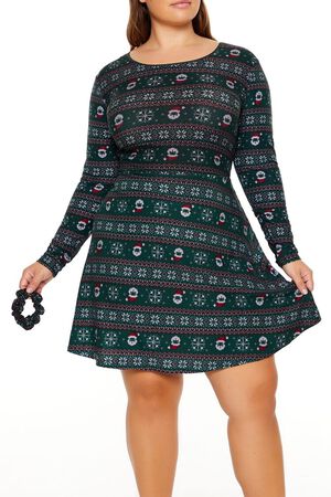 GREEN Plus Size Fair Isle Mini Dress & Scrunchie Set, image 2
