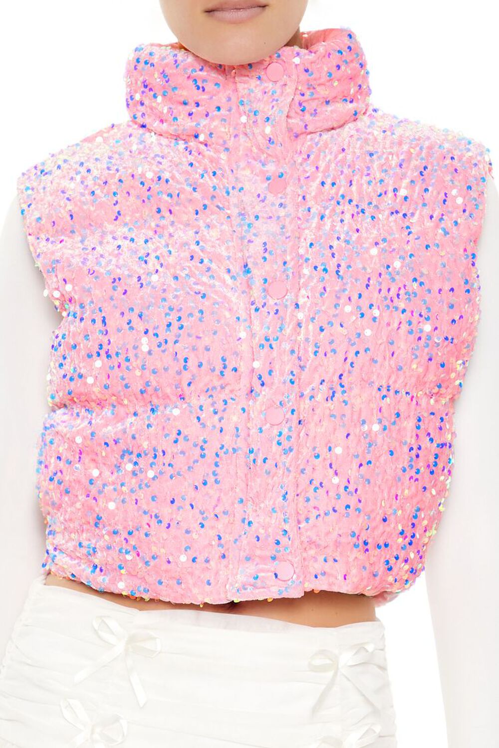 PINK Iridescent Sequin Faux Fur Vest, image 3
