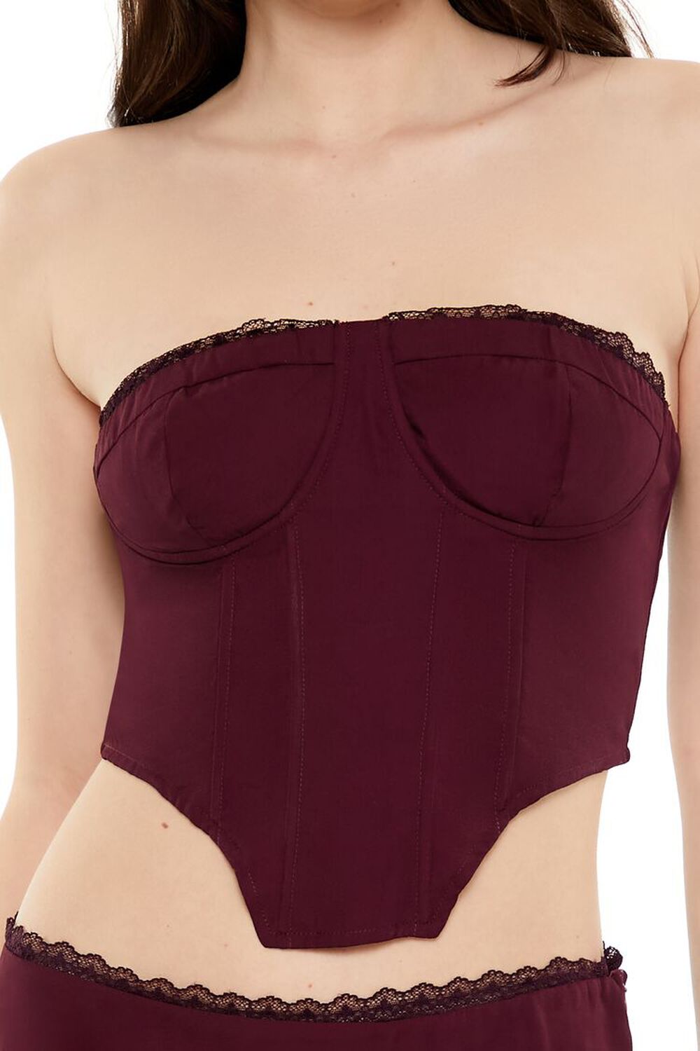 BURGUNDY Lace-Trim Bustier Tube Crop Top, image 3