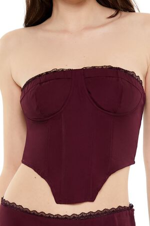 BURGUNDY Lace-Trim Bustier Tube Crop Top, image 3