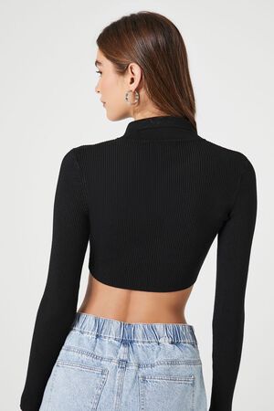 BLACK Sweater-Knit Cutout Crop Top, image 3