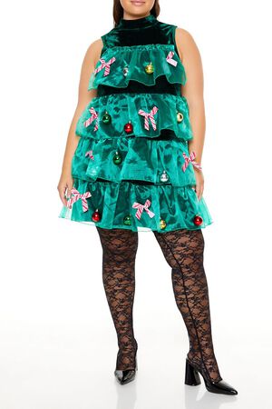 GREEN/MULTI Plus Size Christmas Tree Holiday Dress, image 1