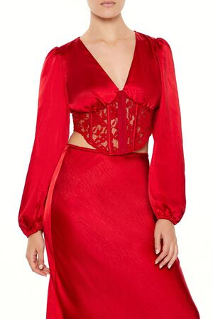 DARK RED Satin & Lace Corset Crop Top, image 1