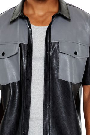 BLACK/GREY Faux Leather Colorblock Shirt, image 3