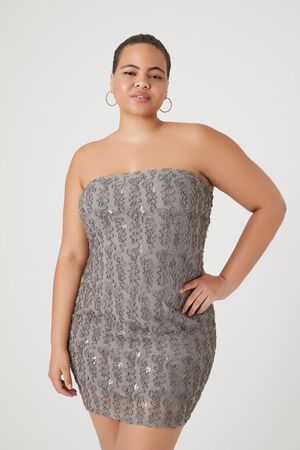 DARK GREY Plus Size Textured Mesh Mini Tube Dress, image 2