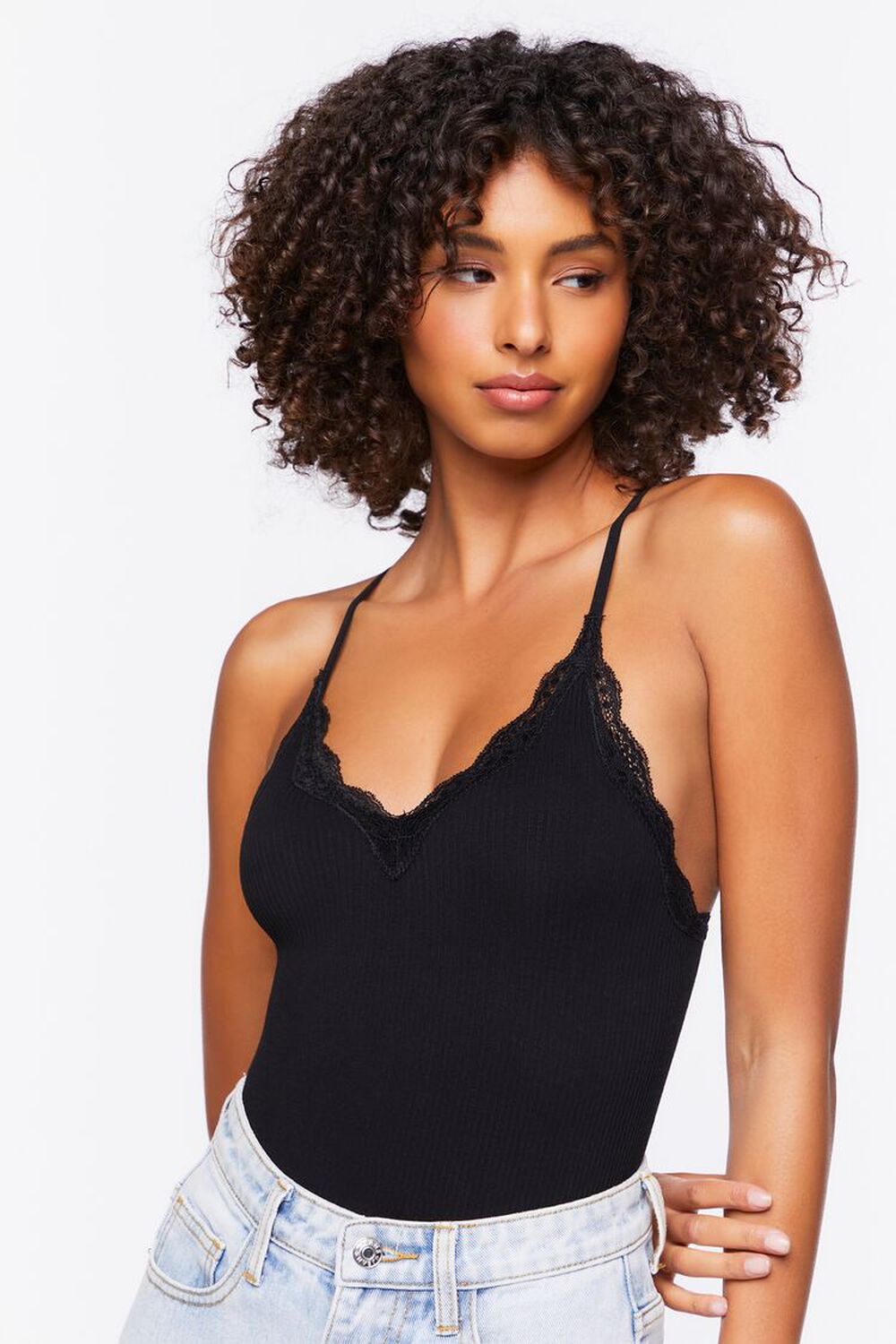 BLACK Seamless Ribbed Racerback Bodysuit, image 1