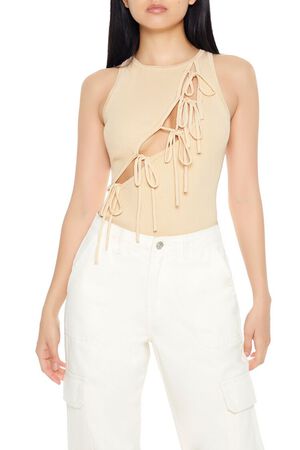 OATMEAL Sweater-Knit Cutout Bow Bodysuit, image 1