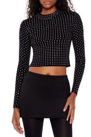 BLACK Rhinestone Cropped Sweater, image 1