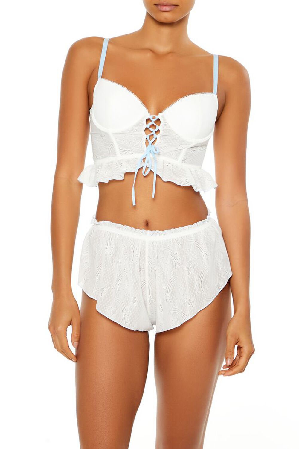WHITE/BLUE Ruffle Lace-Up Lingerie Corset Cami, image 1