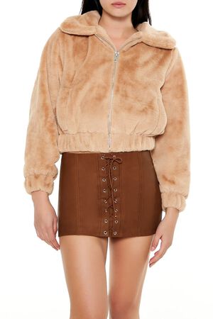 BROWN Plush Cropped Bomber Jacket, image 1
