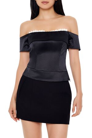 BLACK Satin Off-the-Shoulder Crop Top, image 1