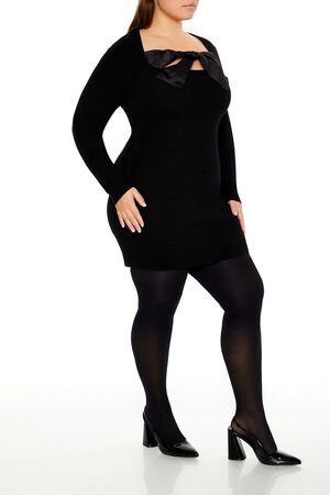 BLACK Plus Size Satin Bow Mini Dress, image 3