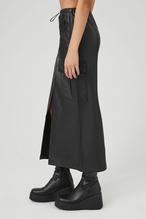 BLACK Faux Leather Maxi Slit Skirt, image 3