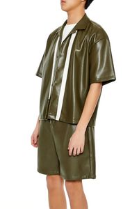 OLIVE/CREAM Striped Faux Leather Shirt, image 4