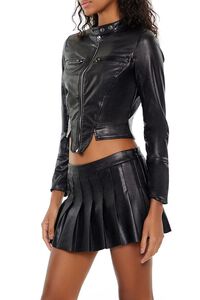 BLACK Notched Faux Leather Moto Jacket, image 4