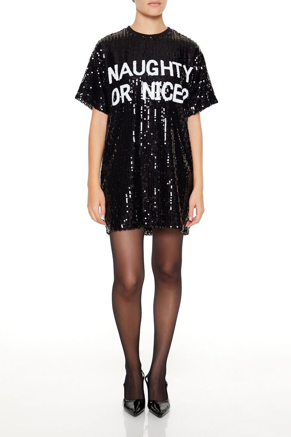 BLACK/WHITE Sequin Naughty or Nice T-Shirt Dress, image 1