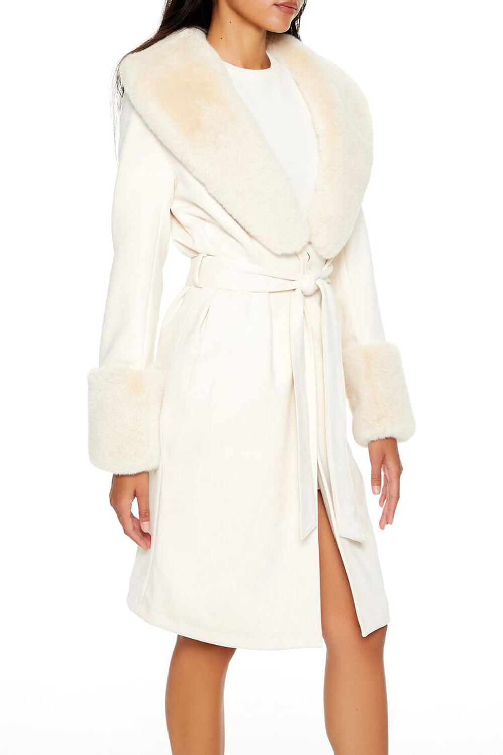 CREAM Faux Fur-Trim Faux Suede Trench Coat, image 3