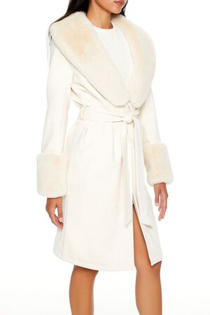CREAM Faux Fur-Trim Faux Suede Trench Coat, image 3