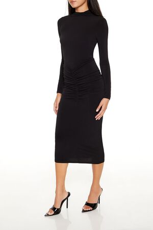 BLACK Ruched Bodycon Midi Dress, image 3