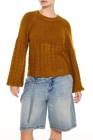 OLIVINE  Peasant-Sleeve Cable Knit Sweater, image 1