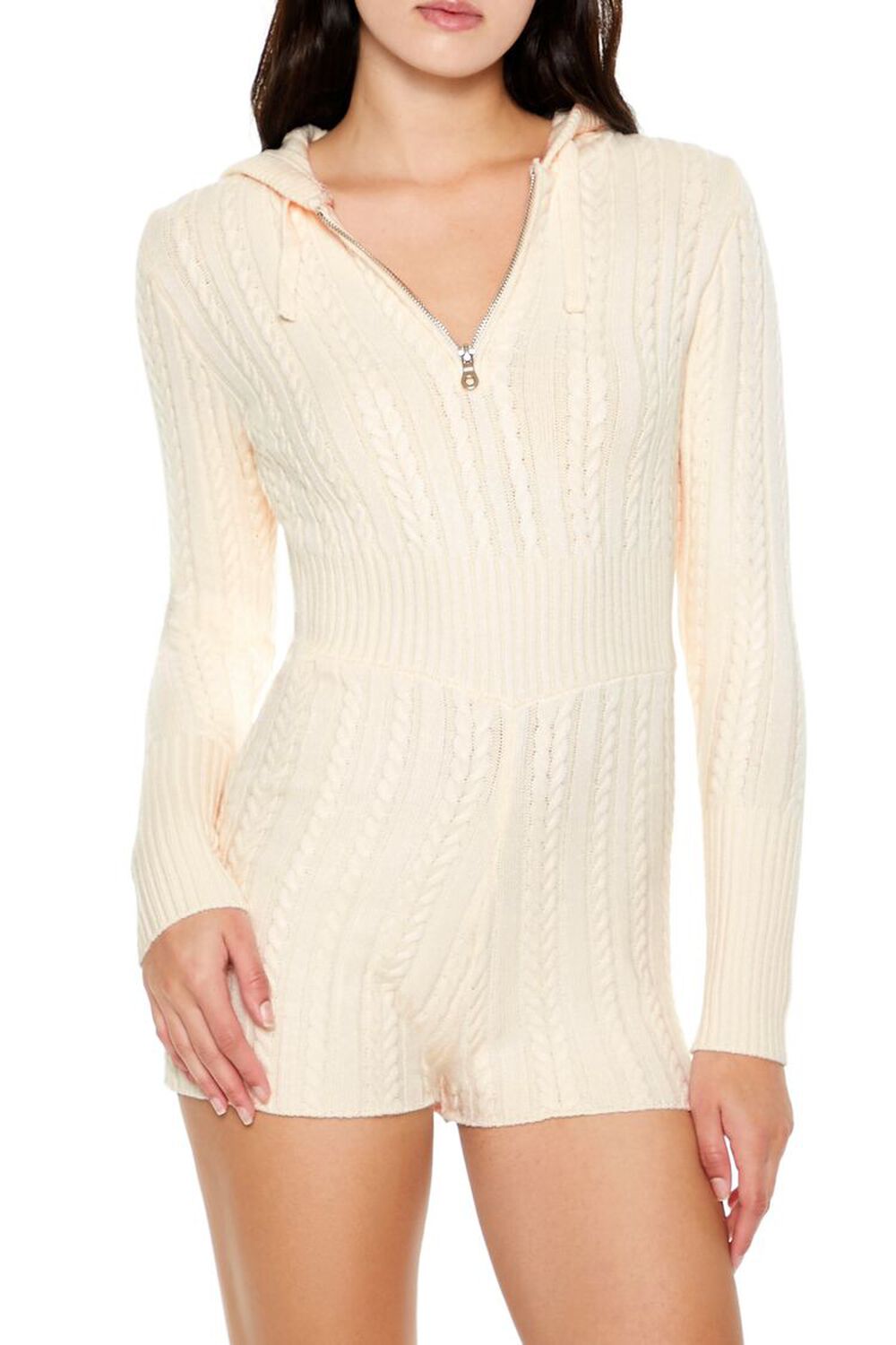 IVORY Hooded Cable Knit Zip-Up Romper, image 2
