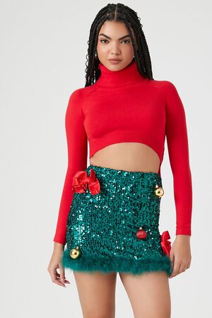 RED/MULTI Christmas Bow & Ornament Sequin Mini Skirt, image 1