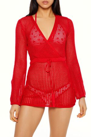 HIGH RISK RED Crochet Crossed Swim Cover-Up Mini Dress, image 2