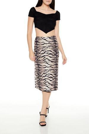 BLACK/MULTI Mesh Tiger Print Midi Skirt, image 1